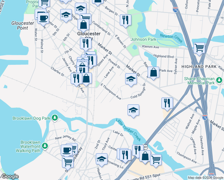 map of restaurants, bars, coffee shops, grocery stores, and more near 22 East Thompson Avenue in Gloucester City
