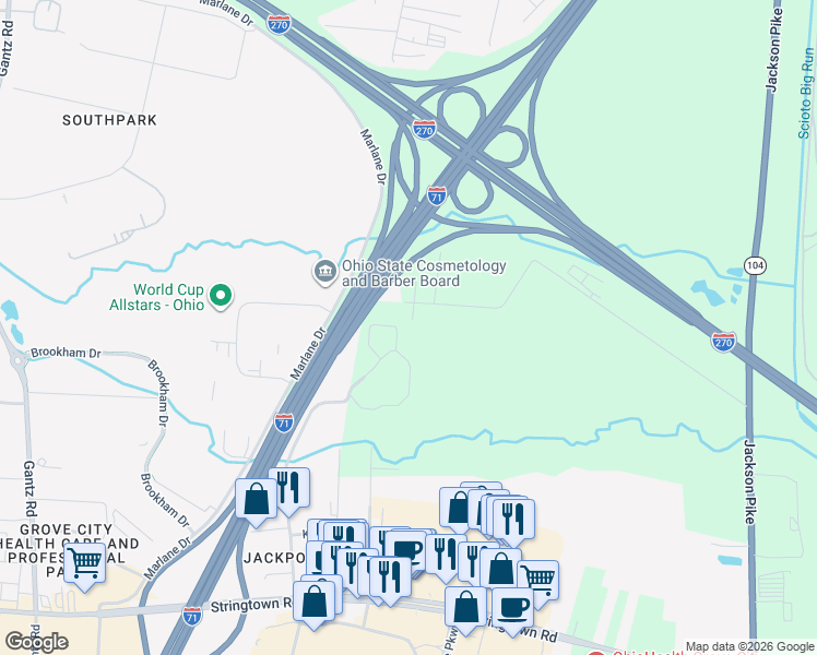 map of restaurants, bars, coffee shops, grocery stores, and more near 1391 Gateway Lakes Drive North in Grove City