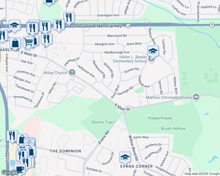 map of restaurants, bars, coffee shops, grocery stores, and more near 16 Heritage Road in Evesham