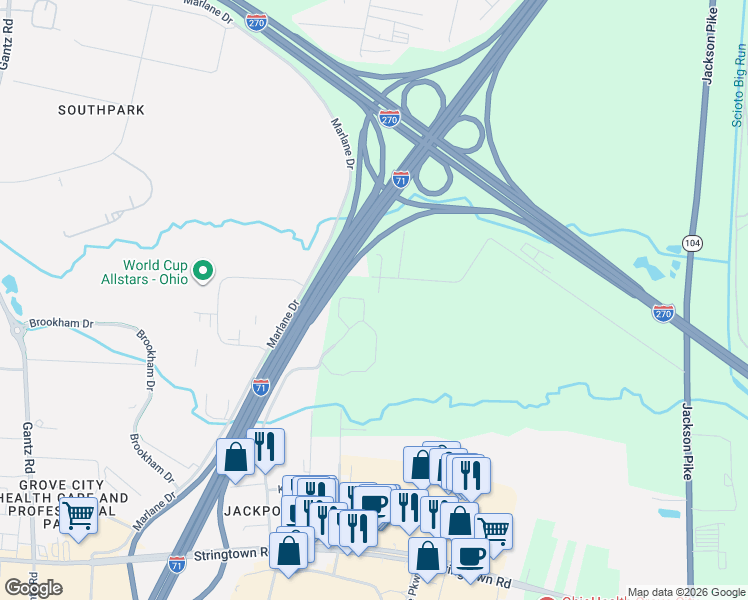 map of restaurants, bars, coffee shops, grocery stores, and more near 1391 Gateway Lakes Drive North in Grove City