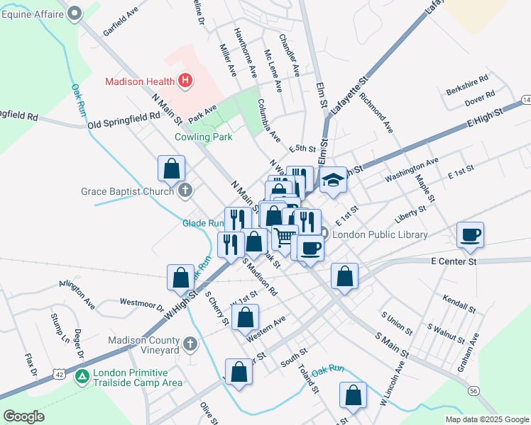 map of restaurants, bars, coffee shops, grocery stores, and more near 1 North Main Street in London