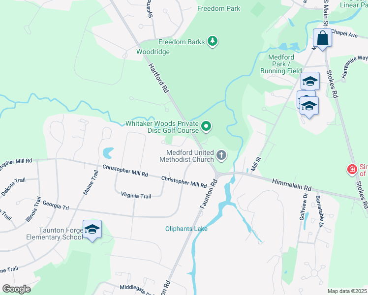 map of restaurants, bars, coffee shops, grocery stores, and more near 12 Rancocas Lane in Medford