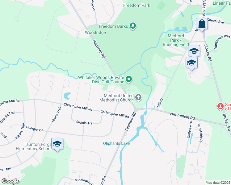 map of restaurants, bars, coffee shops, grocery stores, and more near 12 Rancocas Lane in Medford