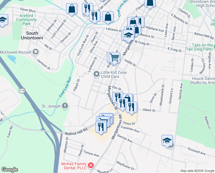 map of restaurants, bars, coffee shops, grocery stores, and more near 524 Morgantown Street in Uniontown