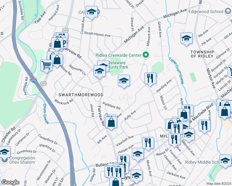 map of restaurants, bars, coffee shops, grocery stores, and more near 838 Colwell Road in Swarthmore