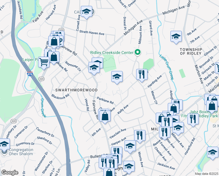map of restaurants, bars, coffee shops, grocery stores, and more near 838 Colwell Road in Swarthmore