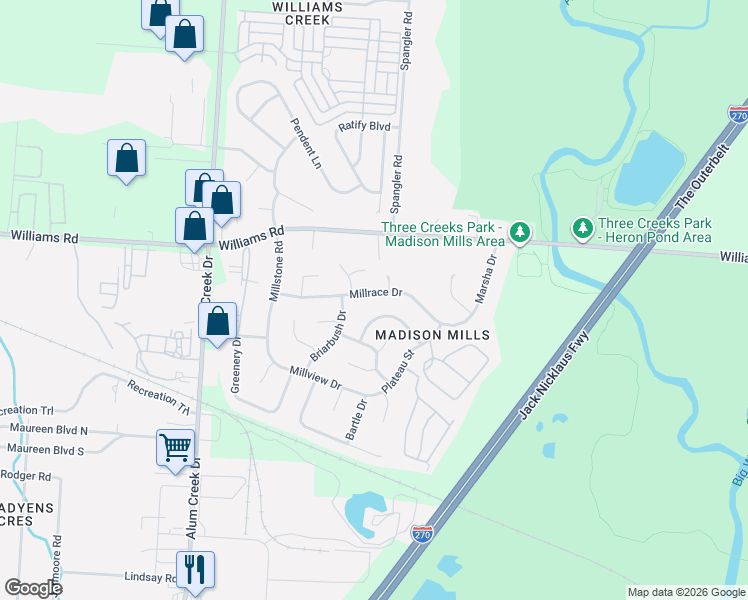 map of restaurants, bars, coffee shops, grocery stores, and more near 2716 Moonlight Lane in Columbus