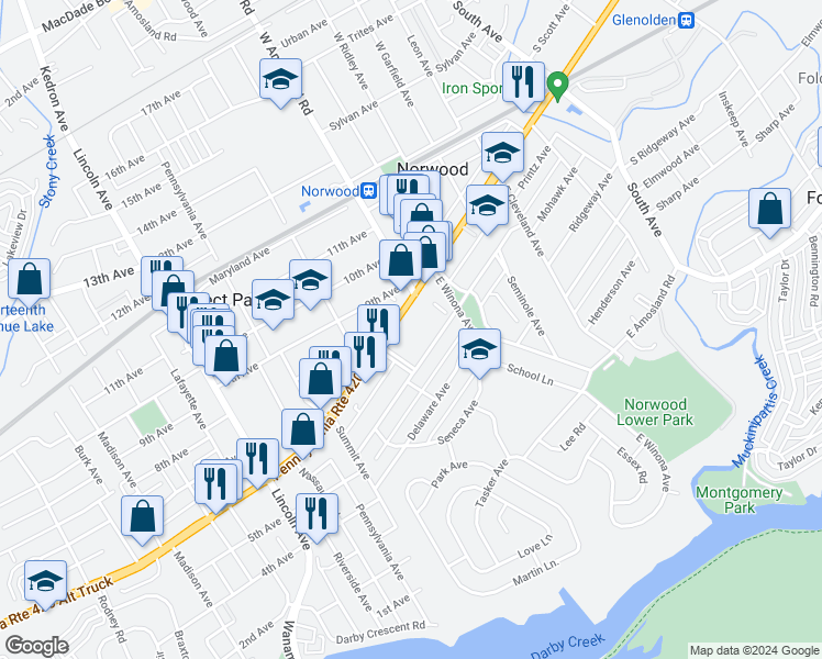 map of restaurants, bars, coffee shops, grocery stores, and more near 556 Chester Pike in Norwood