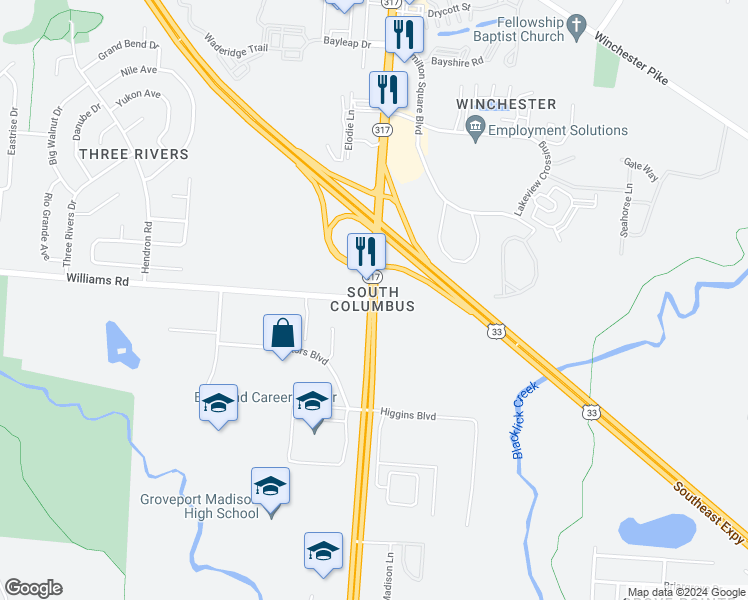 map of restaurants, bars, coffee shops, grocery stores, and more near S Hamilton Rd & Williams Rd in Columbus