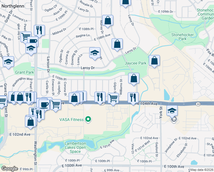 map of restaurants, bars, coffee shops, grocery stores, and more near 10473 Franklin Street in Northglenn