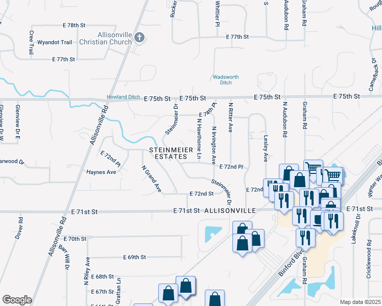 map of restaurants, bars, coffee shops, grocery stores, and more near 7278 North Hawthorne Lane in Indianapolis