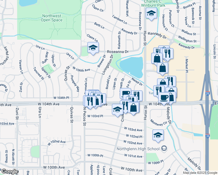 map of restaurants, bars, coffee shops, grocery stores, and more near 10457 Lipan Street in Northglenn