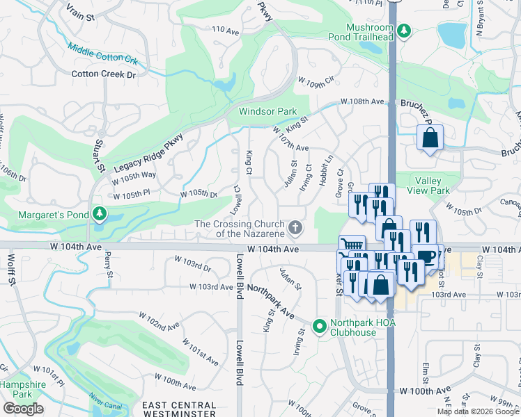 map of restaurants, bars, coffee shops, grocery stores, and more near 10502 King Court in Westminster