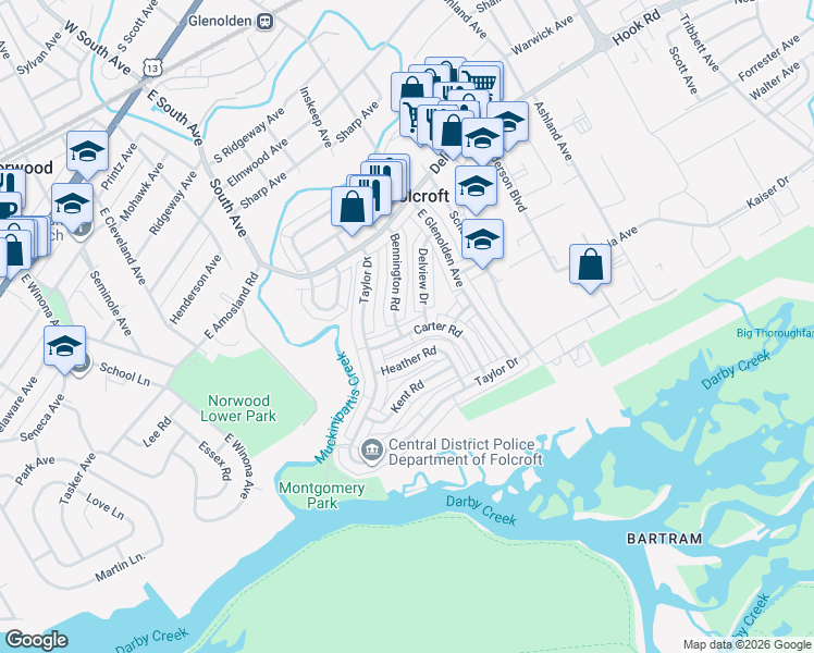 map of restaurants, bars, coffee shops, grocery stores, and more near 2010 Carter Road in Folcroft