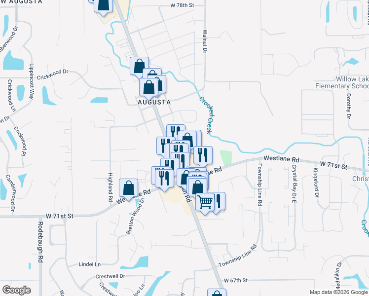 map of restaurants, bars, coffee shops, grocery stores, and more near 2810 West 71st Street in Indianapolis