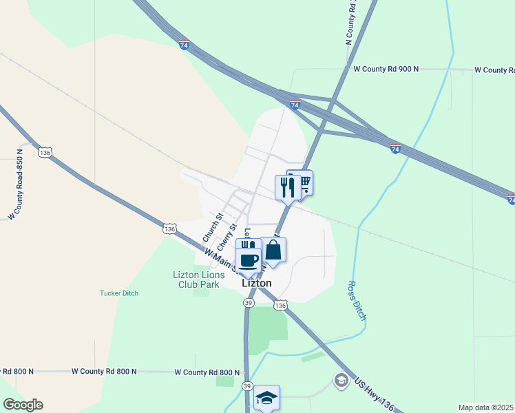map of restaurants, bars, coffee shops, grocery stores, and more near 116 Brumfield Street in Lizton
