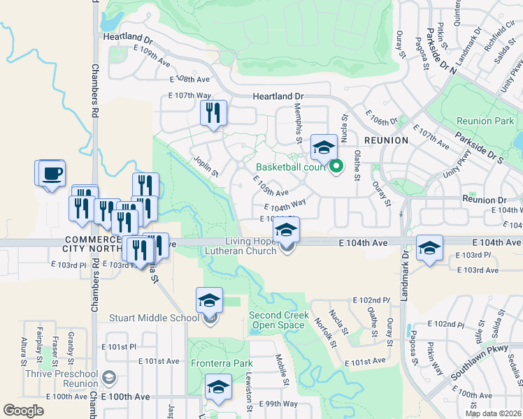 map of restaurants, bars, coffee shops, grocery stores, and more near 16152 East 104th Way in Commerce City