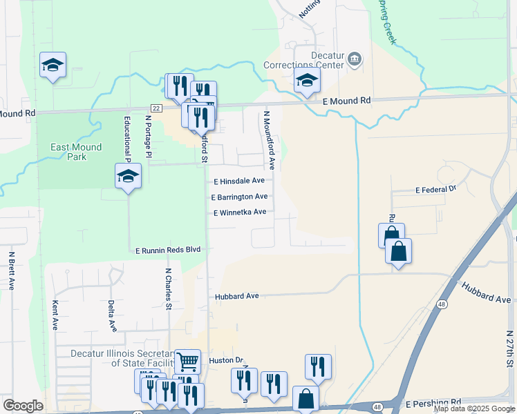 map of restaurants, bars, coffee shops, grocery stores, and more near 1721 East Winnetka Avenue in Decatur