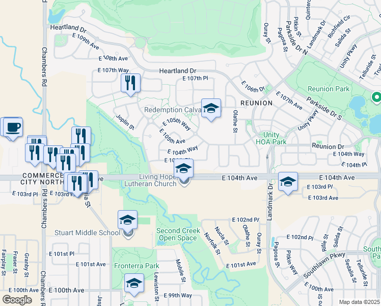 map of restaurants, bars, coffee shops, grocery stores, and more near 16332 East 104th Way in Commerce City