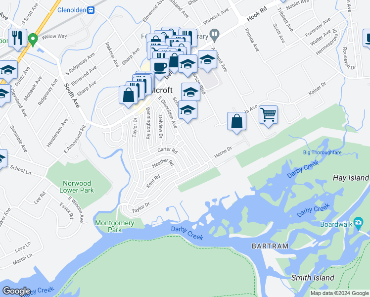 map of restaurants, bars, coffee shops, grocery stores, and more near 952 Grant Road in Folcroft