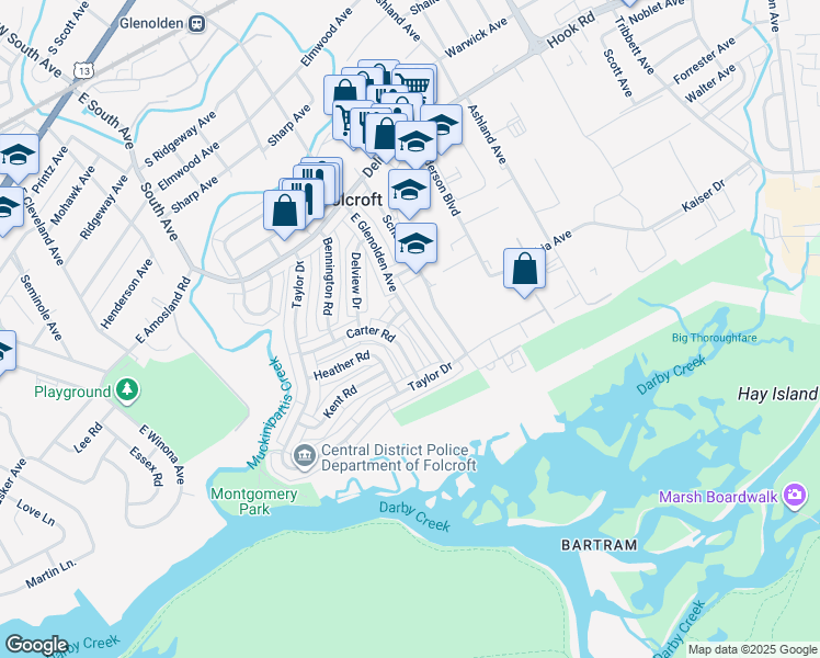 map of restaurants, bars, coffee shops, grocery stores, and more near 952 Grant Road in Folcroft