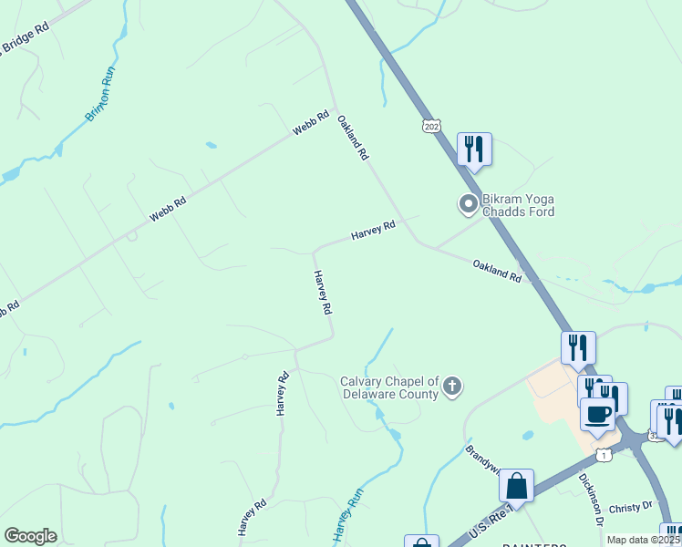 map of restaurants, bars, coffee shops, grocery stores, and more near 135 Harvey Road in West Chester