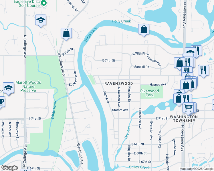 map of restaurants, bars, coffee shops, grocery stores, and more near 1530 Haynes Avenue in Indianapolis