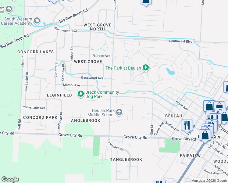 map of restaurants, bars, coffee shops, grocery stores, and more near 2958 Demorest Road in Grove City