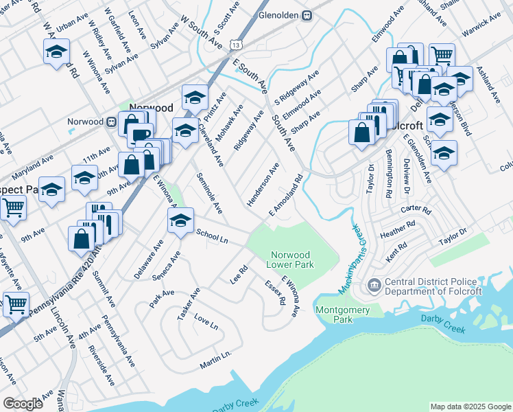 map of restaurants, bars, coffee shops, grocery stores, and more near 136 Henderson Avenue in Norwood