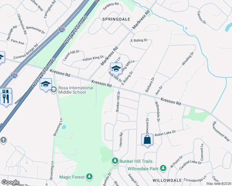 map of restaurants, bars, coffee shops, grocery stores, and more near 1380 Bunker Hill Drive in Cherry Hill