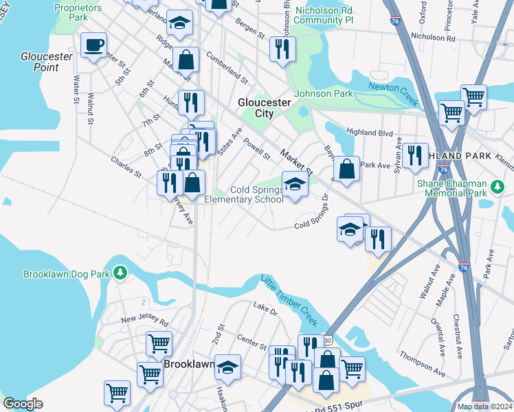 map of restaurants, bars, coffee shops, grocery stores, and more near 22 East Thompson Avenue in Gloucester City