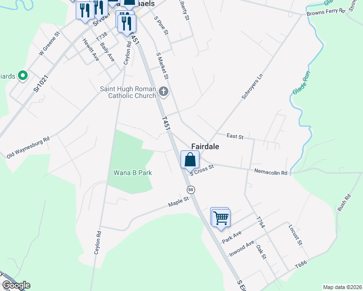 map of restaurants, bars, coffee shops, grocery stores, and more near 125 Nemacolin Road in Carmichaels