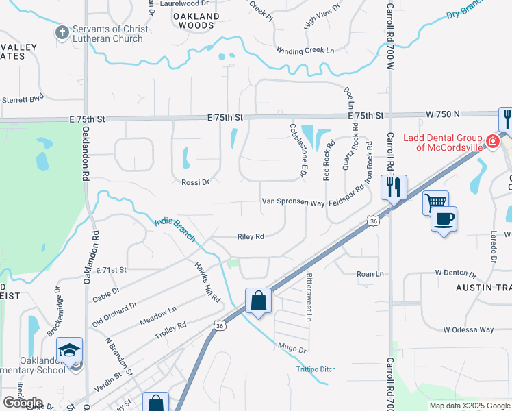 map of restaurants, bars, coffee shops, grocery stores, and more near 12317 Van Spronsen Court in Indianapolis