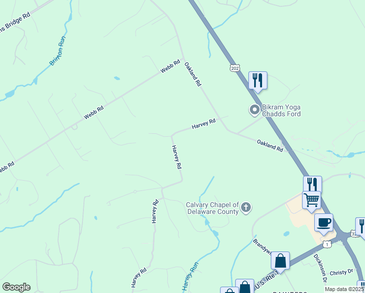 map of restaurants, bars, coffee shops, grocery stores, and more near 135 Harvey Road in West Chester