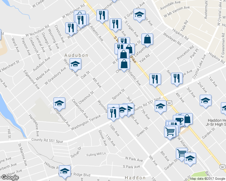 map of restaurants, bars, coffee shops, grocery stores, and more near 218 Walnut Street in Audubon