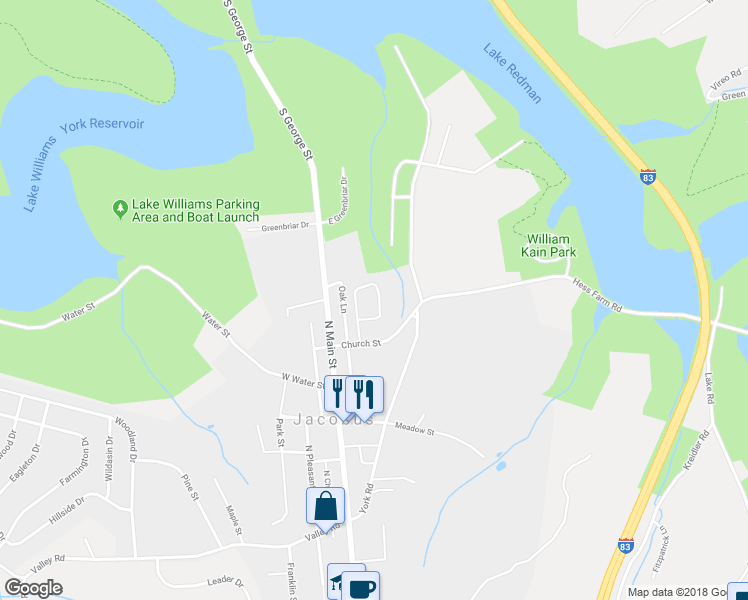 map of restaurants, bars, coffee shops, grocery stores, and more near 227 Ameda Drive in York