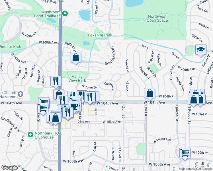 map of restaurants, bars, coffee shops, grocery stores, and more near 10463 Canosa Way in Westminster