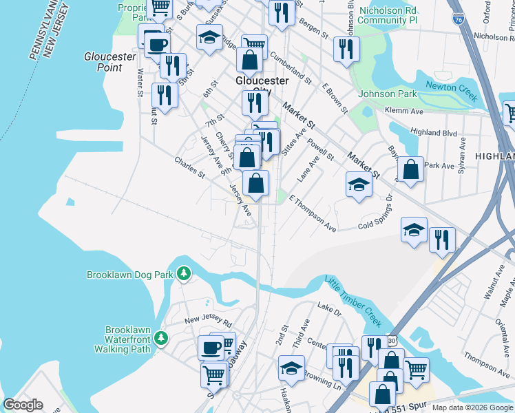 map of restaurants, bars, coffee shops, grocery stores, and more near 520 Saint John Street in Gloucester City