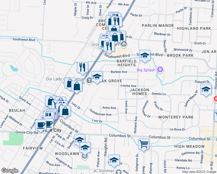map of restaurants, bars, coffee shops, grocery stores, and more near 3091 Louise Avenue in Grove City