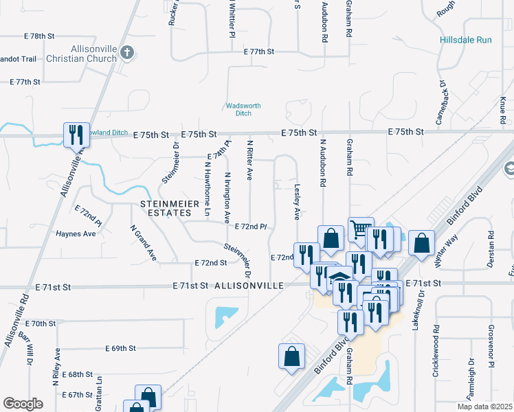 map of restaurants, bars, coffee shops, grocery stores, and more near 7244 North Ritter Avenue in Indianapolis