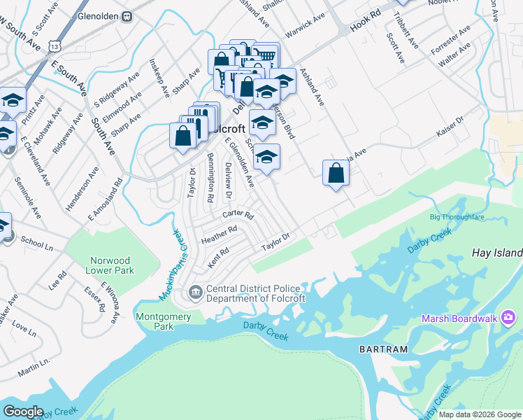 map of restaurants, bars, coffee shops, grocery stores, and more near 1925 Carter Road in Folcroft