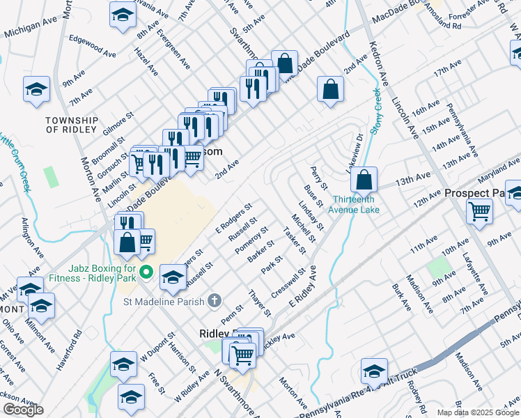 map of restaurants, bars, coffee shops, grocery stores, and more near 500 Tasker Street in Ridley Park