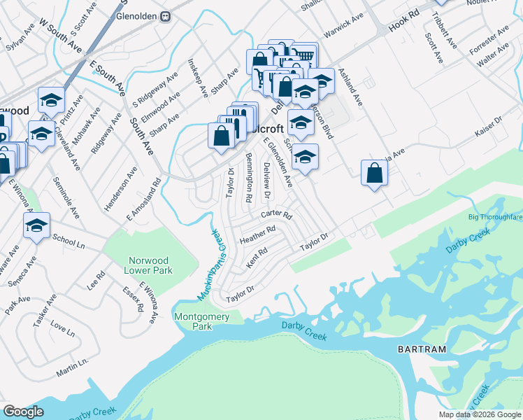 map of restaurants, bars, coffee shops, grocery stores, and more near 2056 Heather Road in Folcroft