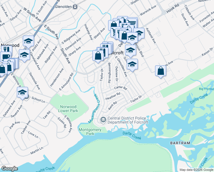 map of restaurants, bars, coffee shops, grocery stores, and more near 2010 Carter Road in Folcroft