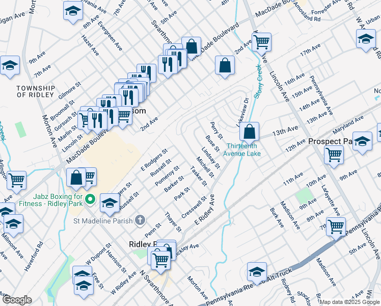 map of restaurants, bars, coffee shops, grocery stores, and more near 416 Michell Street in Ridley Park