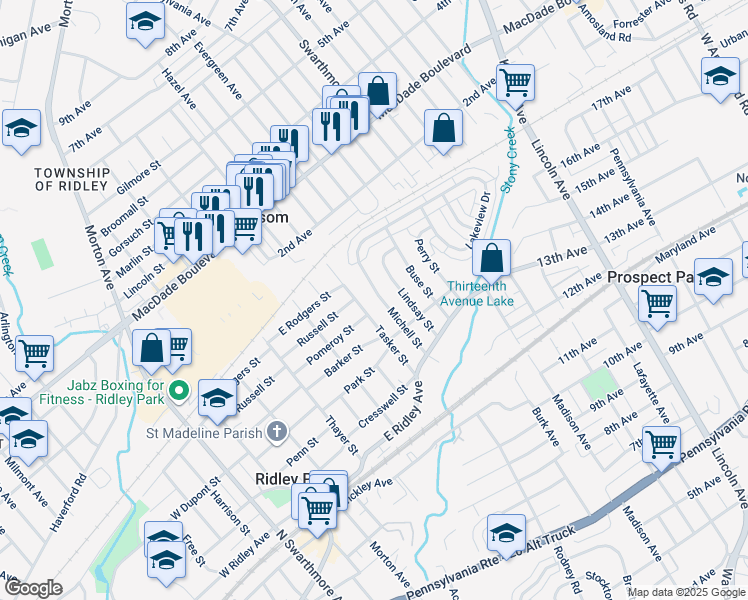 map of restaurants, bars, coffee shops, grocery stores, and more near 416 Michell Street in Ridley Park