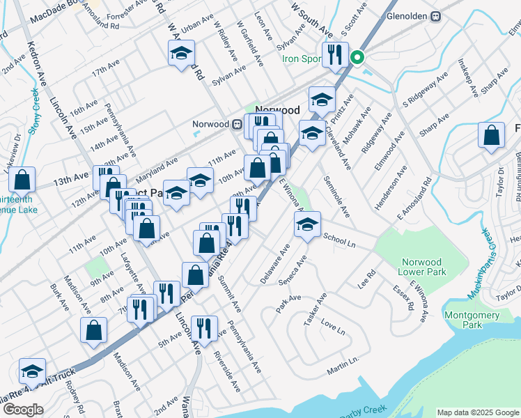 map of restaurants, bars, coffee shops, grocery stores, and more near 544 Chester Pike in Norwood
