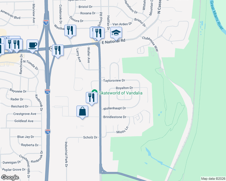 map of restaurants, bars, coffee shops, grocery stores, and more near 420 Glenrose Street in Vandalia