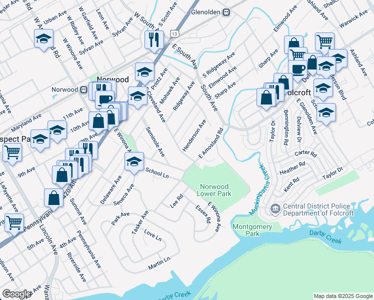 map of restaurants, bars, coffee shops, grocery stores, and more near 136 Henderson Avenue in Norwood