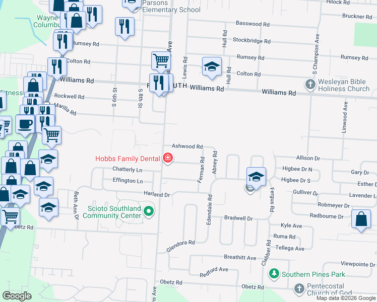 map of restaurants, bars, coffee shops, grocery stores, and more near 552 Barcher Road in Columbus